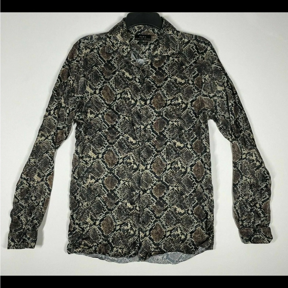 Zara Satin Long Sleeve Collared Blouse Snake Skin Print Regular Fit Women's M